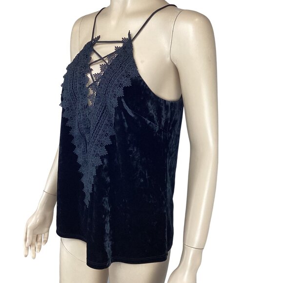 Wayf Top Size Medium Velvet Posie Lace-Up Deep V Cami Black Blouse - Picture 2 of 7